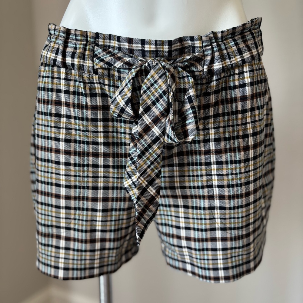 Liverpool Paper Bag Self Tie Short White Black Brown Blue Plaid Women’s Size Lrg